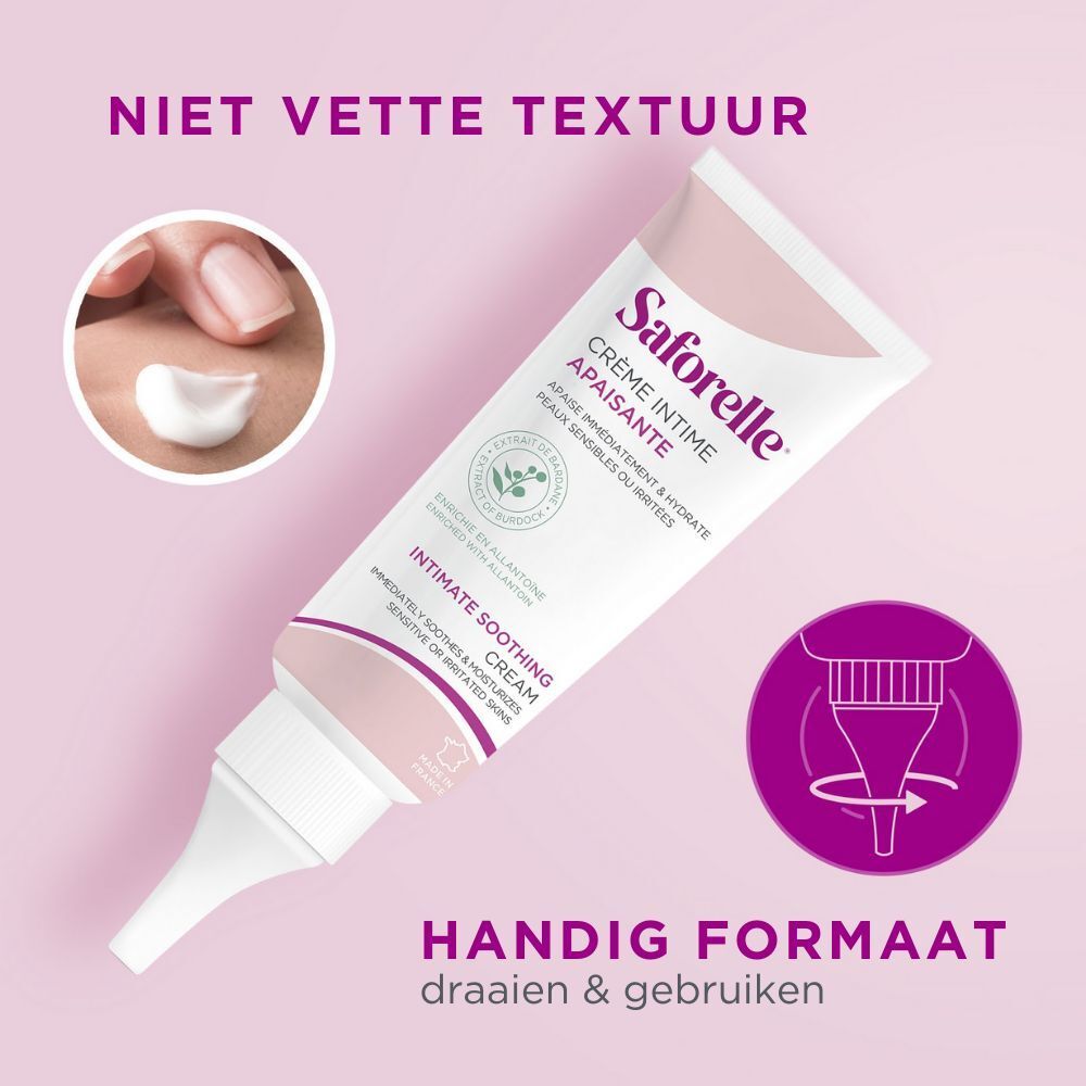 Tube de Crème Intime Apaisante, avec texte. Main avec crème. Fond rose. Format pratique.