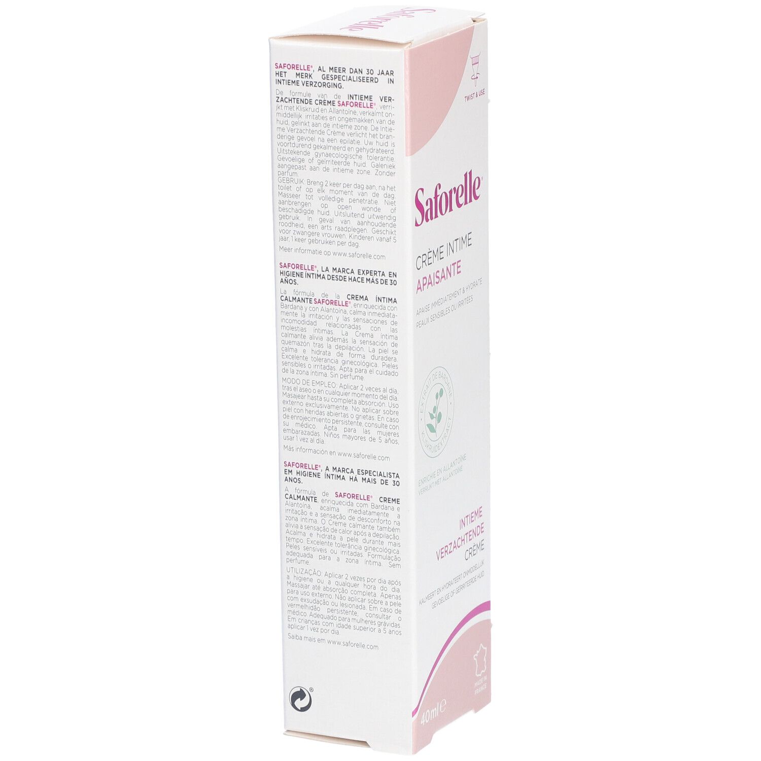 Verpackung Saforelle Creme Intime Apaisante. Text: Crème Intime Apaisante. 40ml. Französische Flagge.