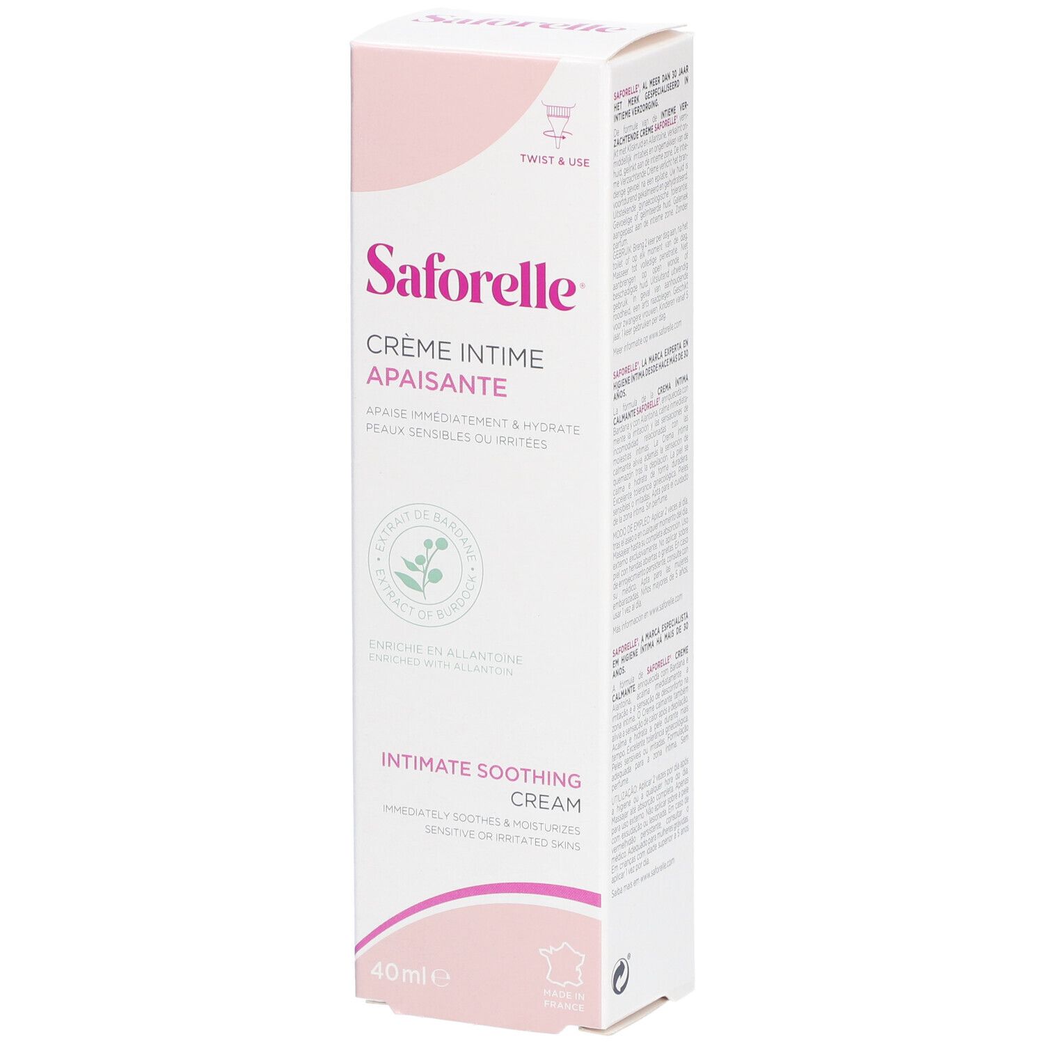 Verpackung Saforelle Creme Intime Apaisante. Text: Crème Intime Apaisante. 40ml. Französische Flagge.