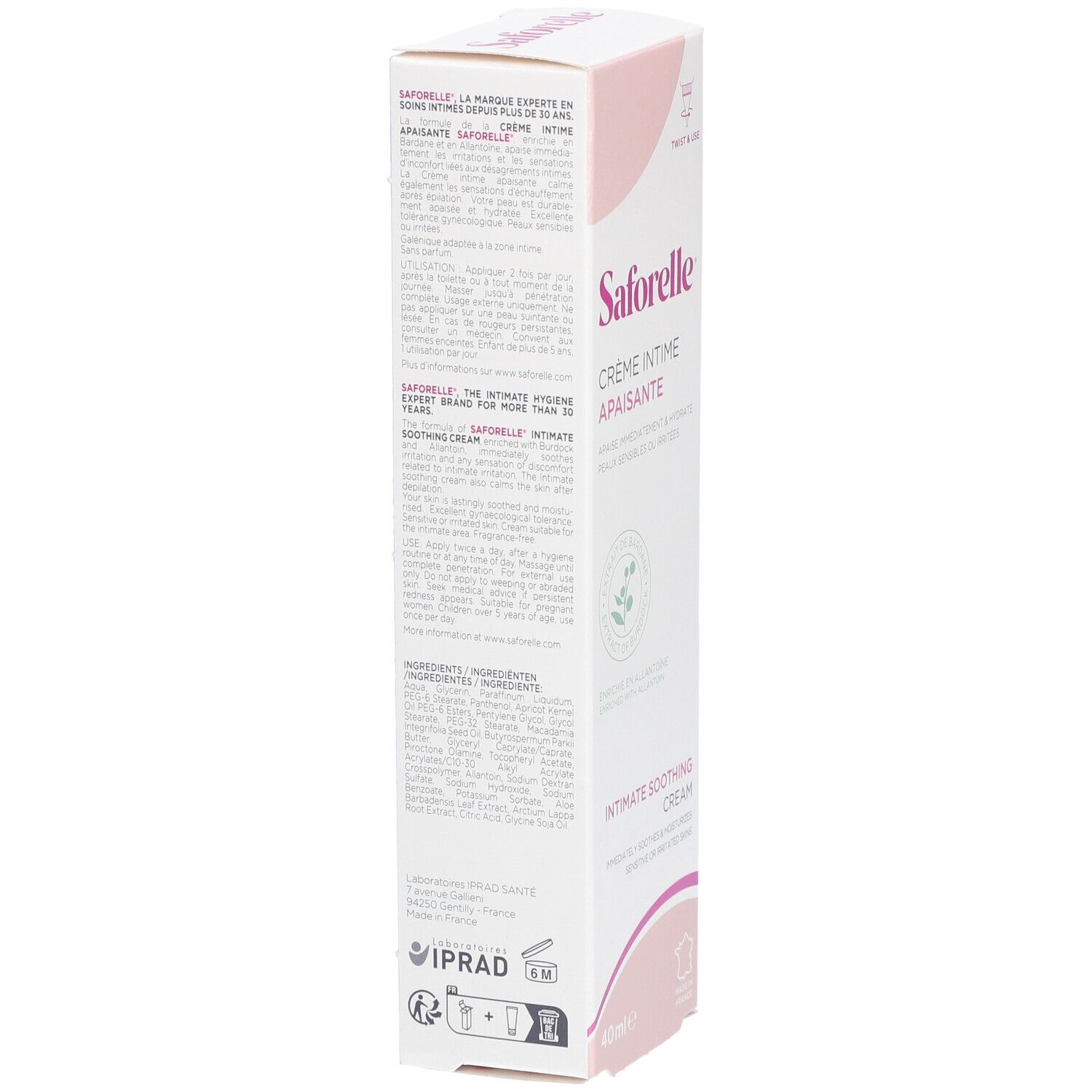 Verpackung Saforelle Creme Intime Apaisante. Text: Crème Intime Apaisante. 40ml. Französische Flagge.