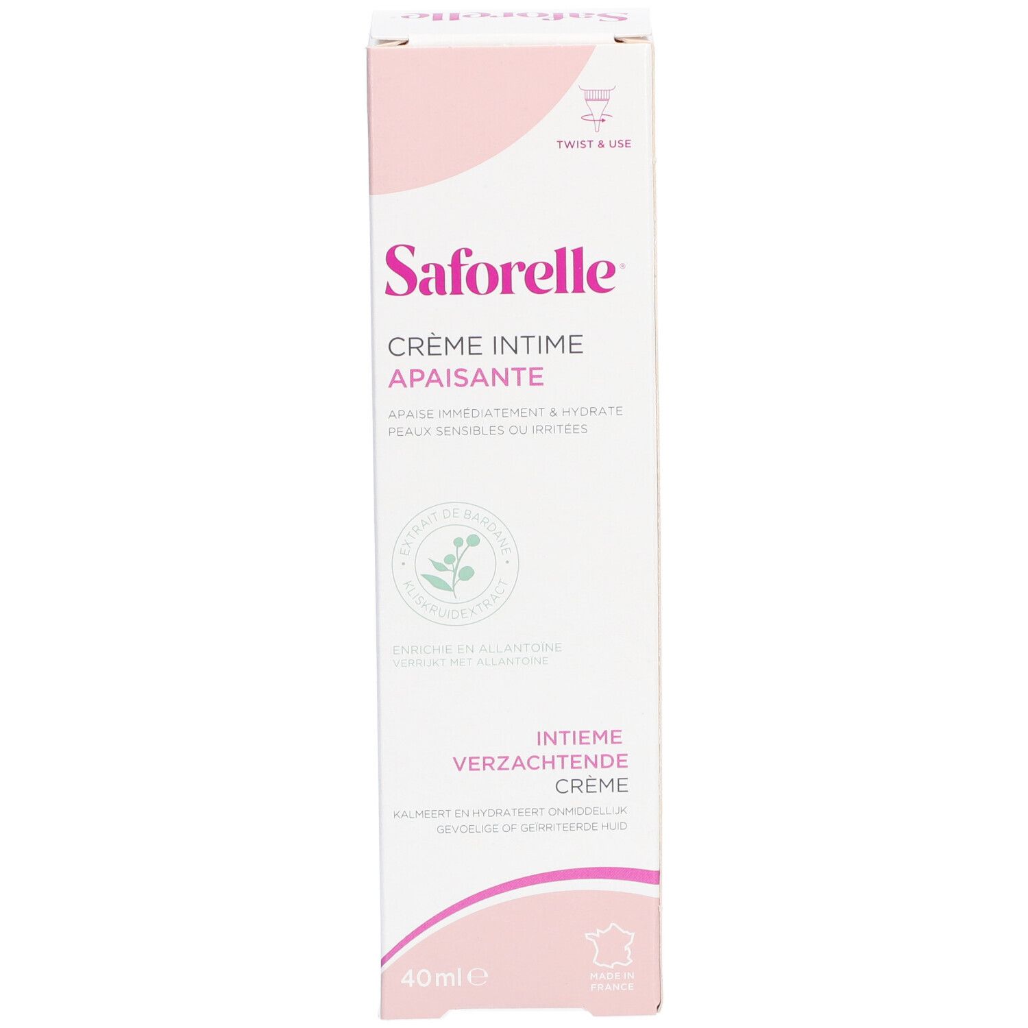 Verpackung Saforelle Creme Intime Apaisante. Text: Crème Intime Apaisante. 40ml. Französische Flagge.