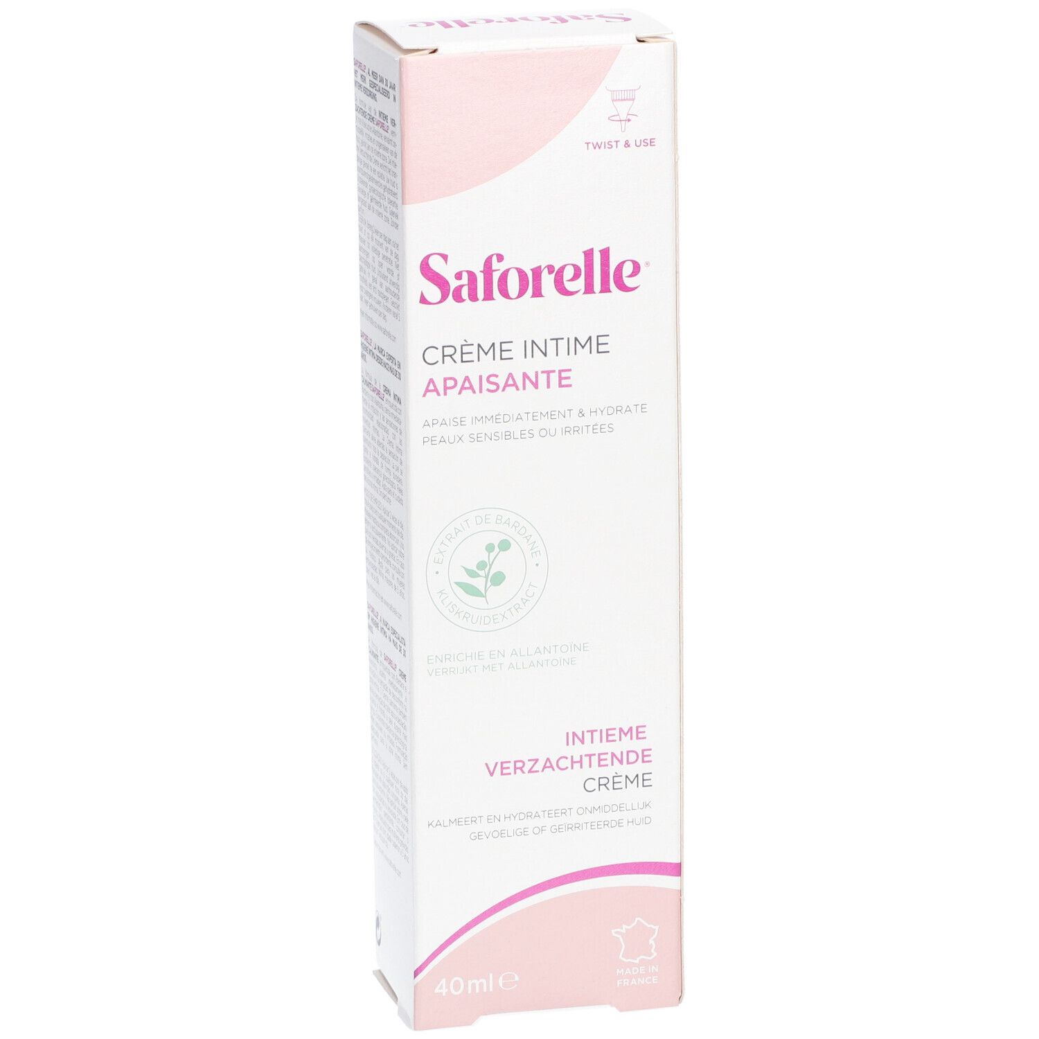 Verpackung Saforelle Creme Intime Apaisante. Text: Crème Intime Apaisante. 40ml. Französische Flagge.