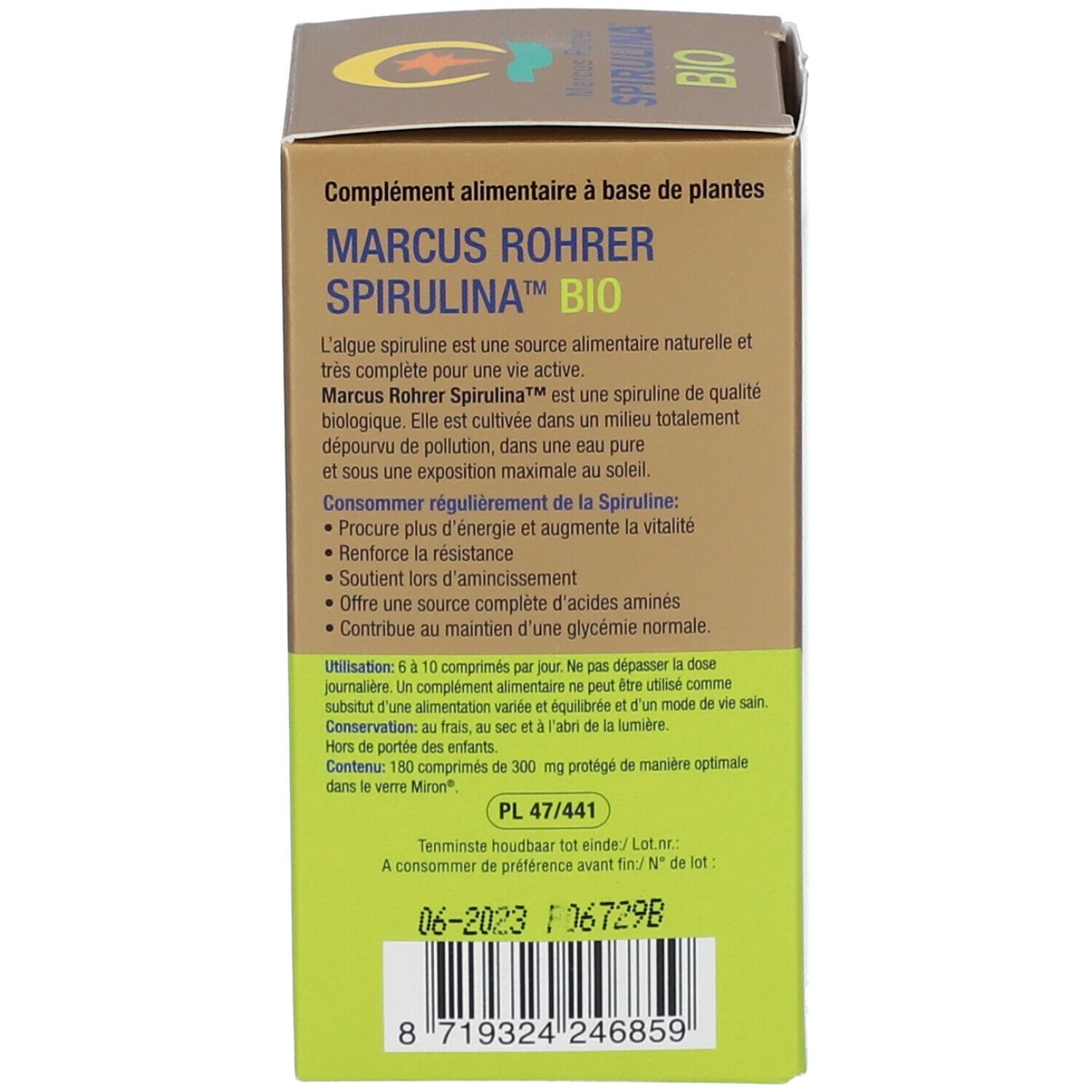 Produktverpackung. Rückseite mit Text. Aufschrift: Marcus Rohrer Spirulina Bio. Grüner Hintergrund.