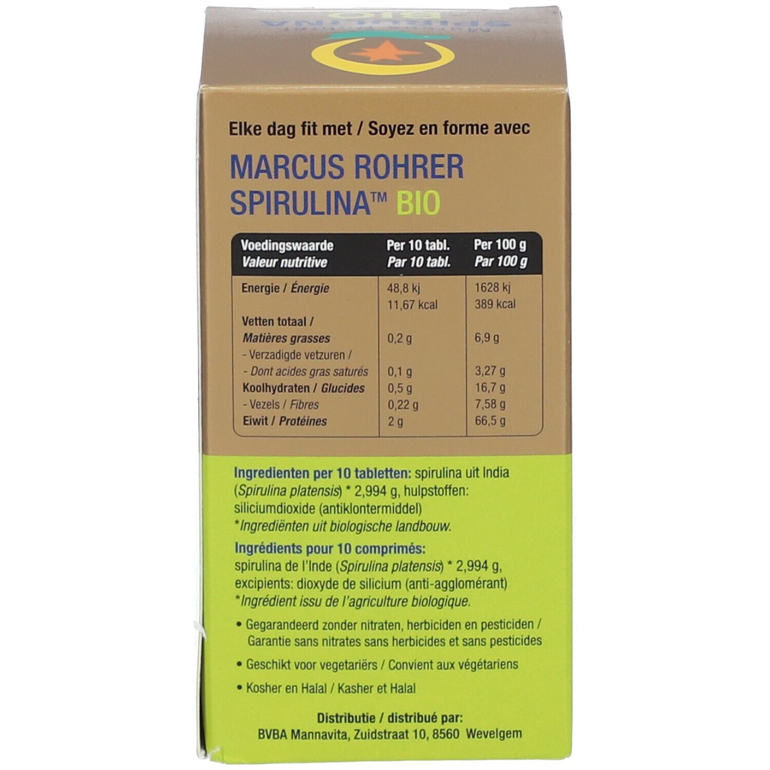 Produktverpackung. Nährwerttabelle. Aufschrift: Marcus Rohrer Spirulina Bio. Goldfarbener Hintergrund.