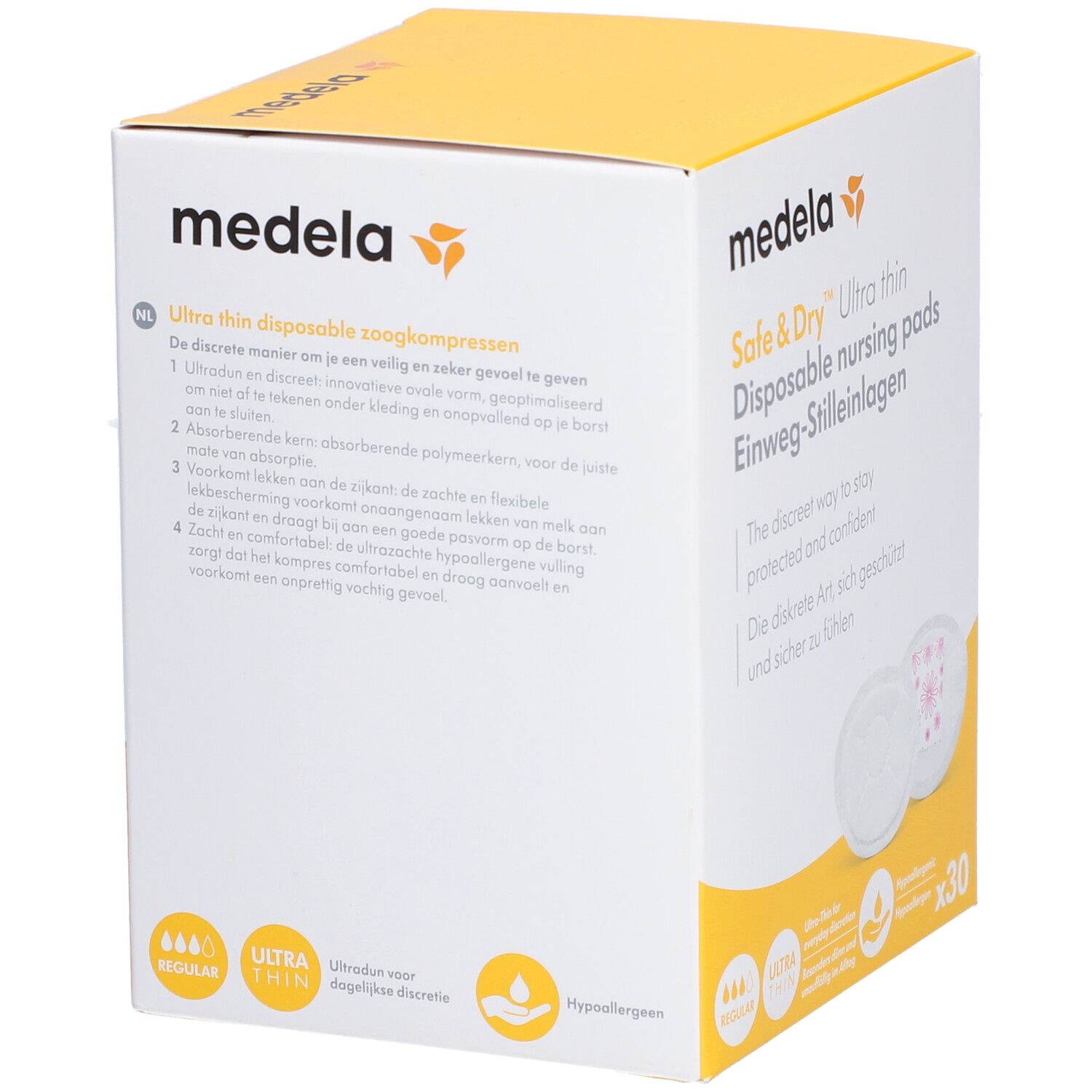 Boîte Medela Safe & Dry Ultra thin. Emballage avec informations en néerlandais et illustration des coussinets d'allaitement.