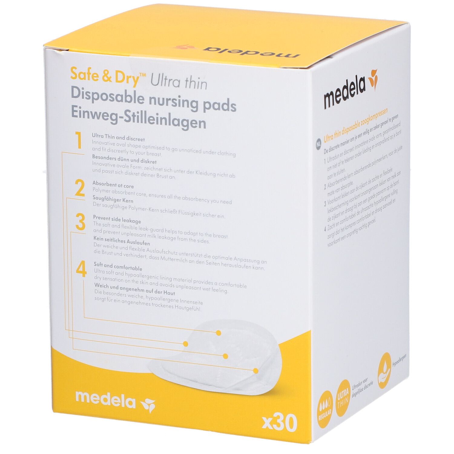 Boîte Medela Safe & Dry Ultra thin. Emballage avec informations et illustration des coussinets d'allaitement.