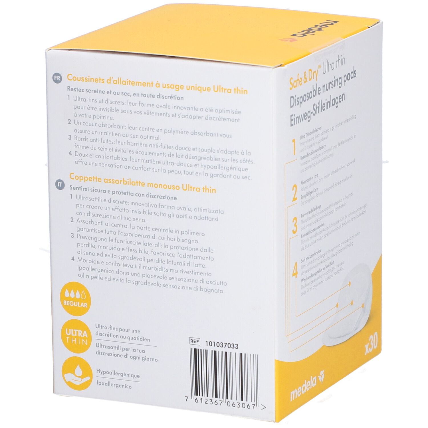 Boîte Medela Safe & Dry Ultra thin. Emballage avec informations en français et italien.