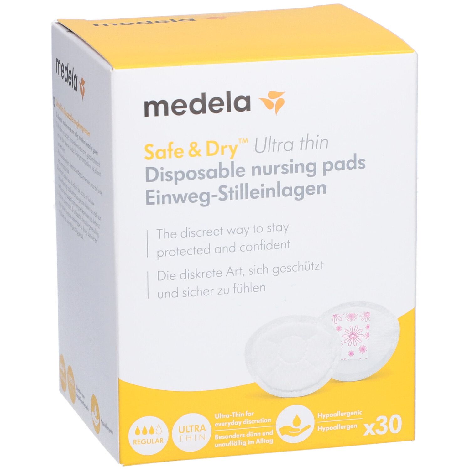 Boîte Medela Safe & Dry Ultra thin. Emballage jaune et blanc avec informations produit et illustration des coussinets d'allaitement.