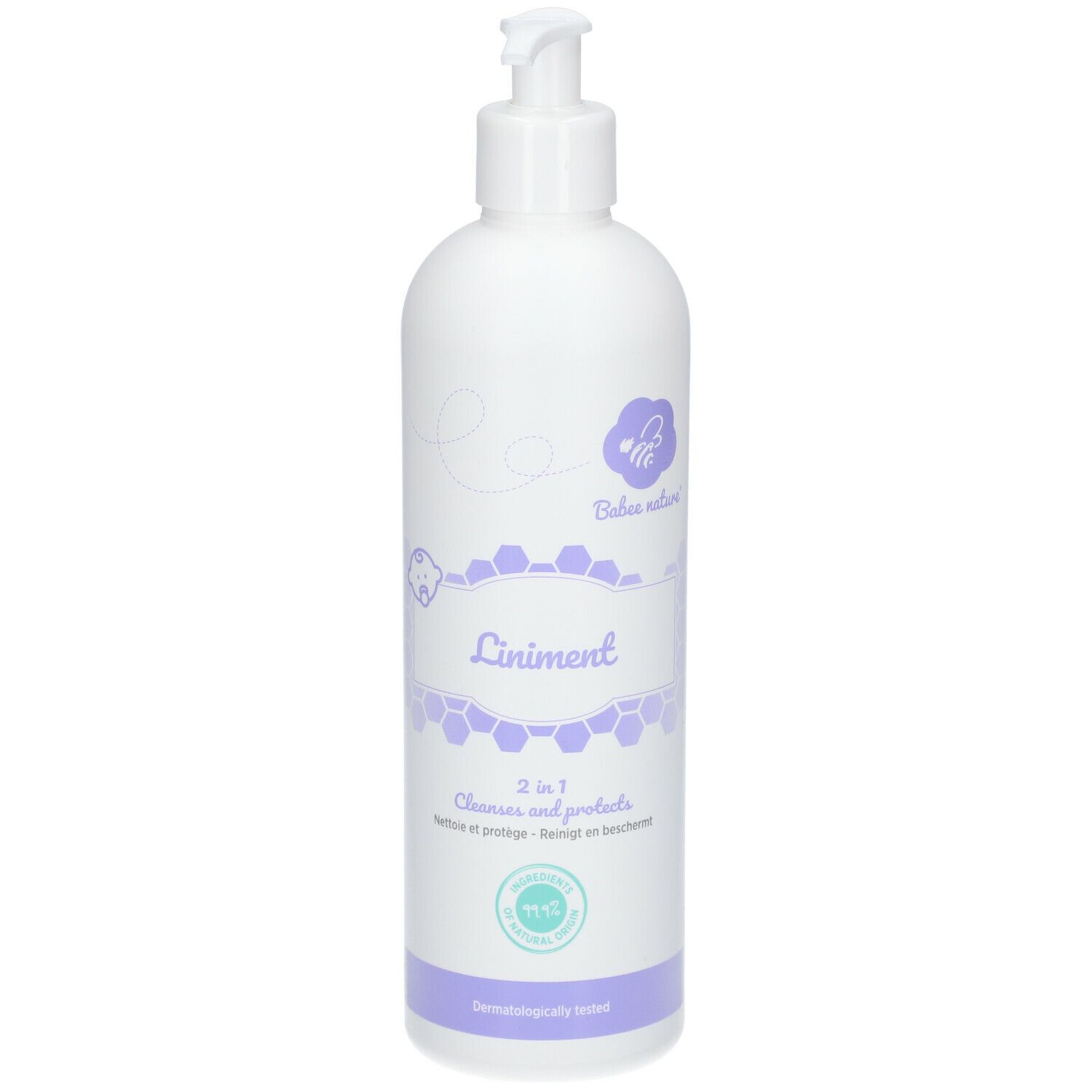 Witte fles met pomp. Opschrift: Liniment, 2 in 1, Babee nature. Paars etiket met honingraatmotief. Dermatologisch getest.