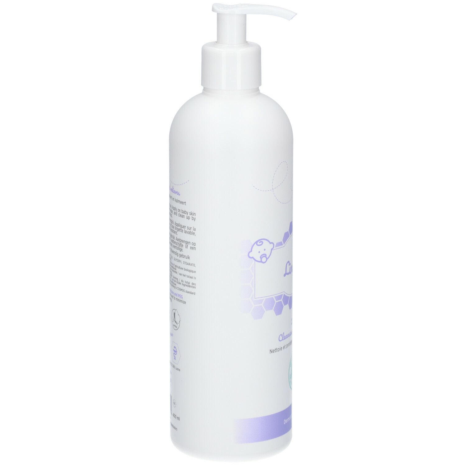 Witte fles met pomp. Tekst en logo's op de zijkant. Opschrift: Babee nature. Paars etiket. Dermatologisch getest.