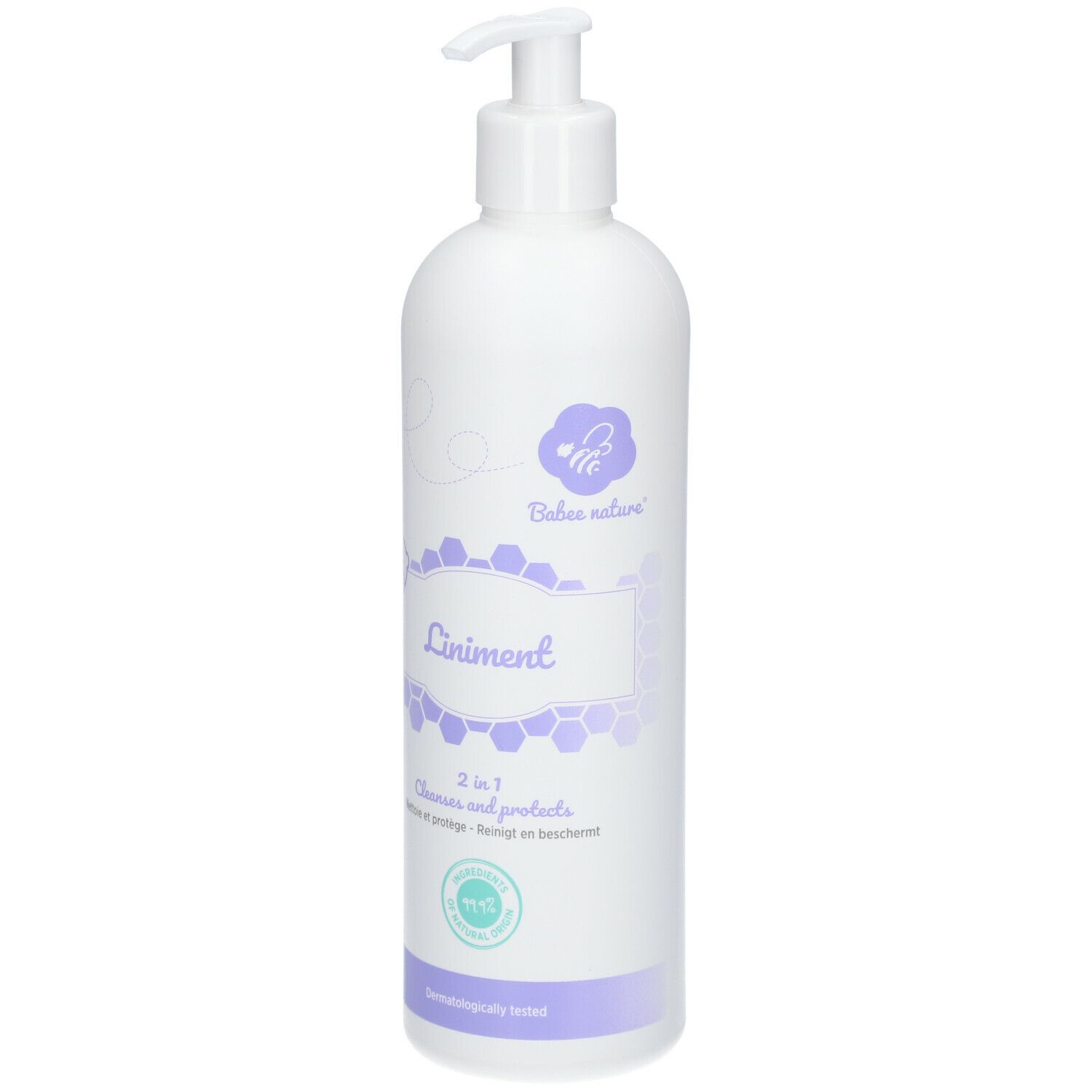 Witte fles met pomp. Opschrift: Liniment, 2 in 1, Babee nature. Paars etiket met honingraatmotief. Dermatologisch getest.