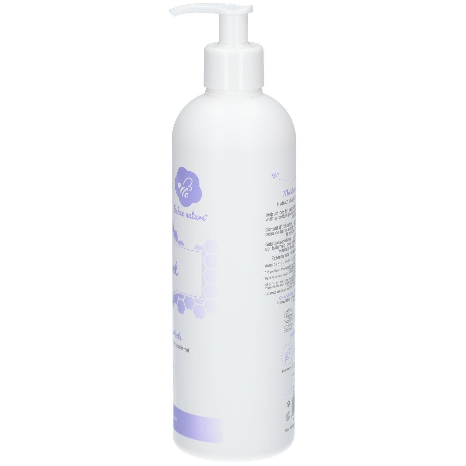 Witte fles met pomp. Tekst en logo's op de zijkant. Opschrift: Babee nature. Paars etiket. Dermatologisch getest.