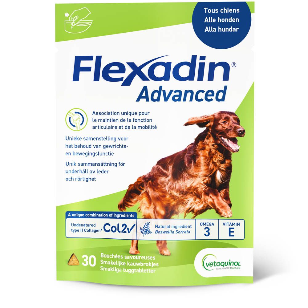 Flexadin Advanced doos met 30 kauwtabletten. Afbeelding van een hond. Bevat UCII, Omega 3, Vitamine E en Boswellia Serrata.
