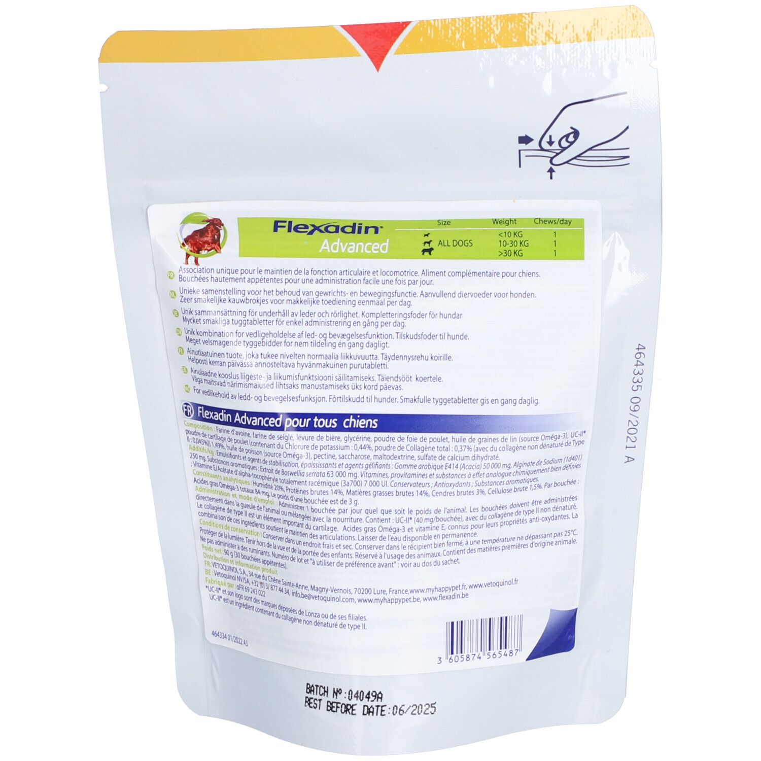 Achterkant van de Flexadin Advanced verpakking. Bevat informatie over ingrediënten en dosering. Bevat lotnummer en vervaldatum.