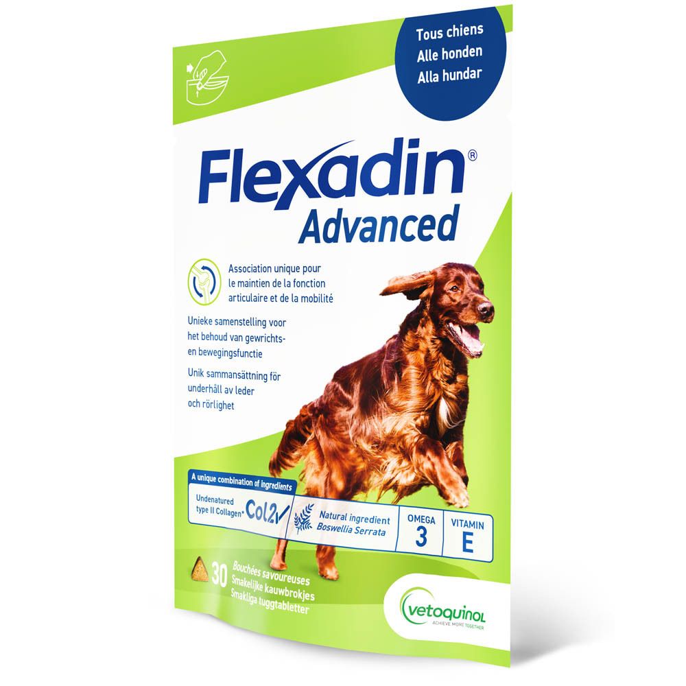 Flexadin Advanced doos met 30 kauwtabletten. Afbeelding van een hond. Bevat UCII, Omega 3, Vitamine E en Boswellia Serrata.