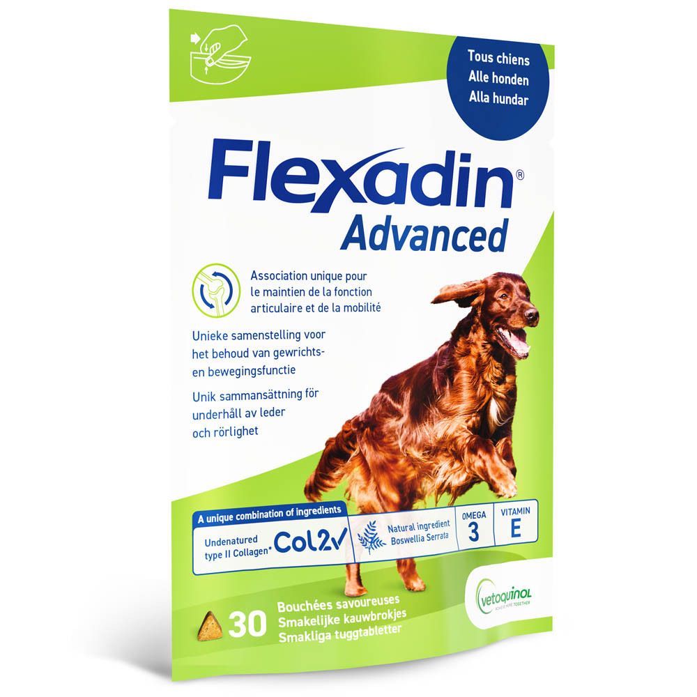 Flexadin Advanced doos met 30 kauwtabletten. Afbeelding van een hond. Bevat UCII, Omega 3, Vitamine E en Boswellia Serrata.