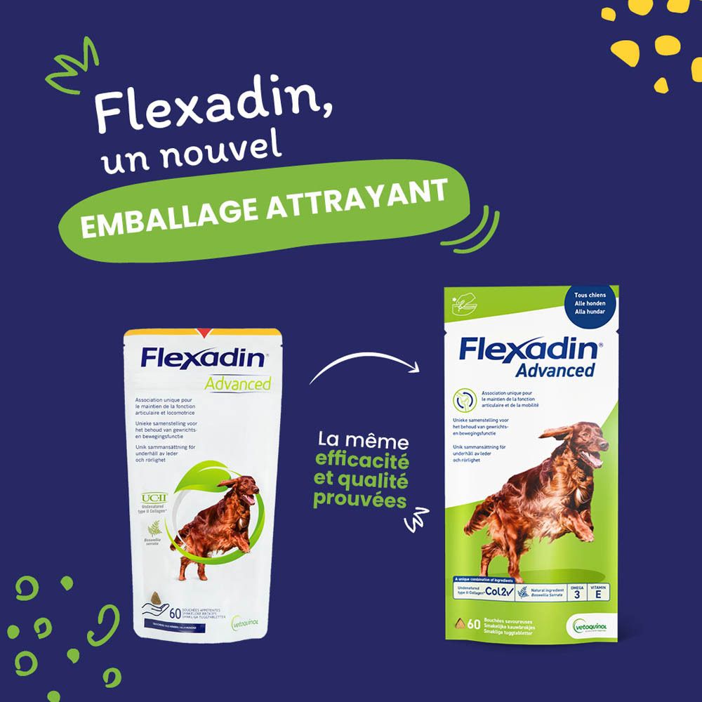 Flexadin Advanced. Comparaison des anciens et nouveaux emballages. Contient 60 comprimés à croquer. Même efficacité.