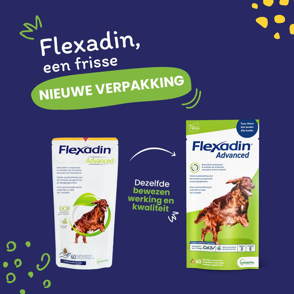 Flexadin Advanced. Vergelijking oude en nieuwe verpakking. Bevat 60 kauwtabletten. Dezelfde werkzaamheid.