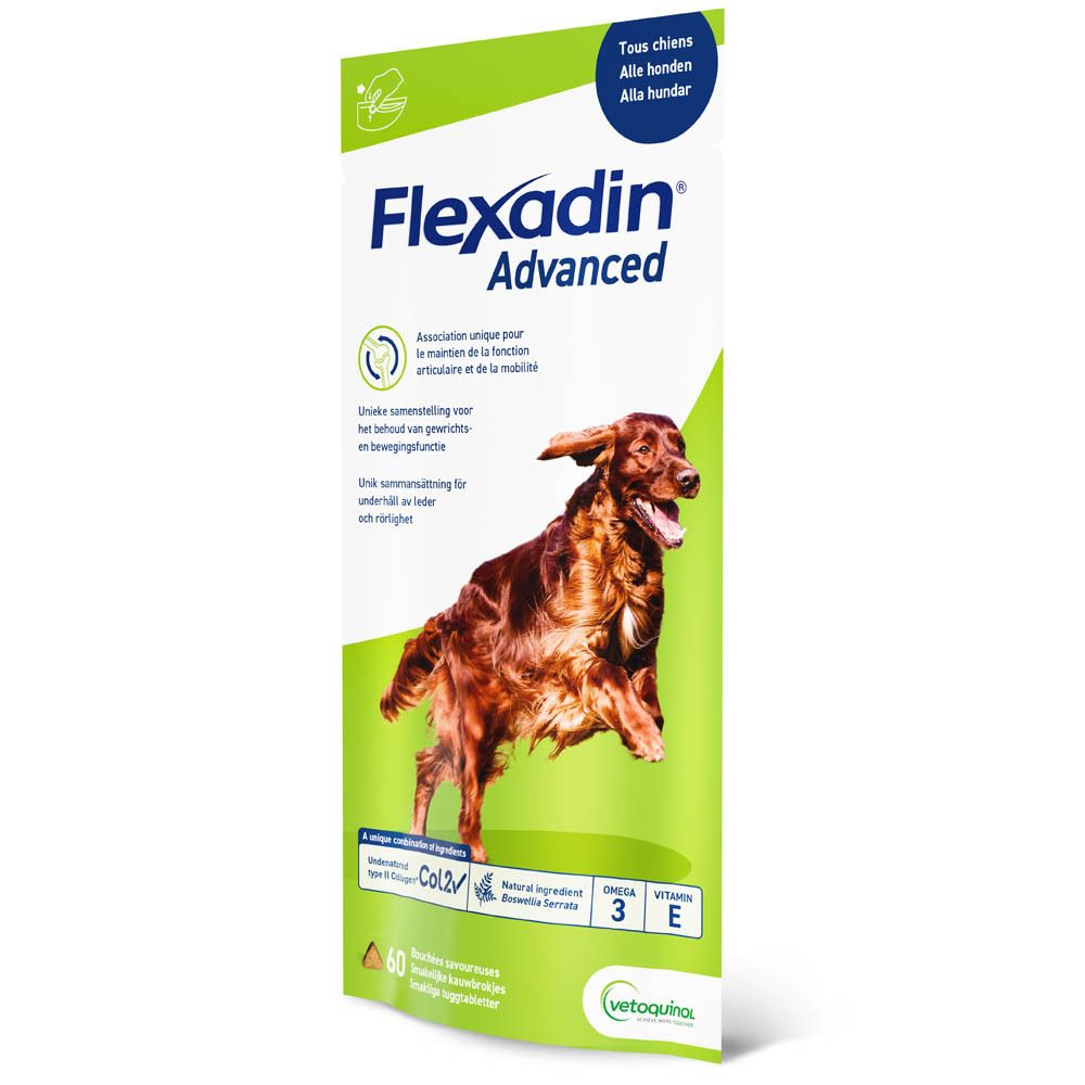 Flexadin Advanced verpakking. Afbeelding van een hond. Tekst in het Duits.