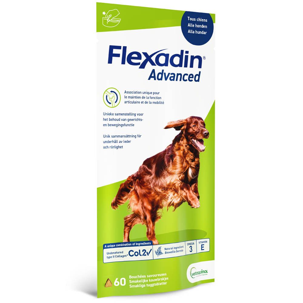Flexadin Advanced verpakking. Afbeelding van een hond. Tekst in het Duits.