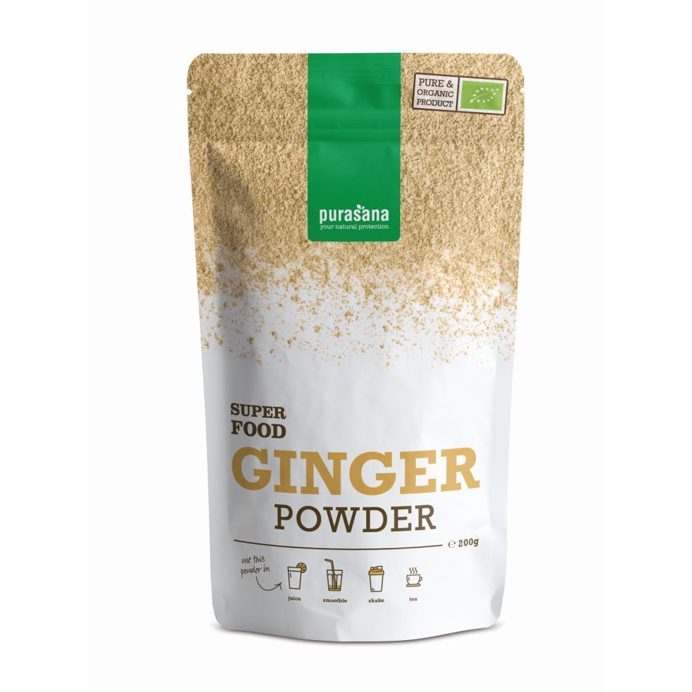 Sachet de purasana® Ingwerpulver. Inscription : SUPER FOOD GINGER POWDER. Label bio. Contenu : 200g.