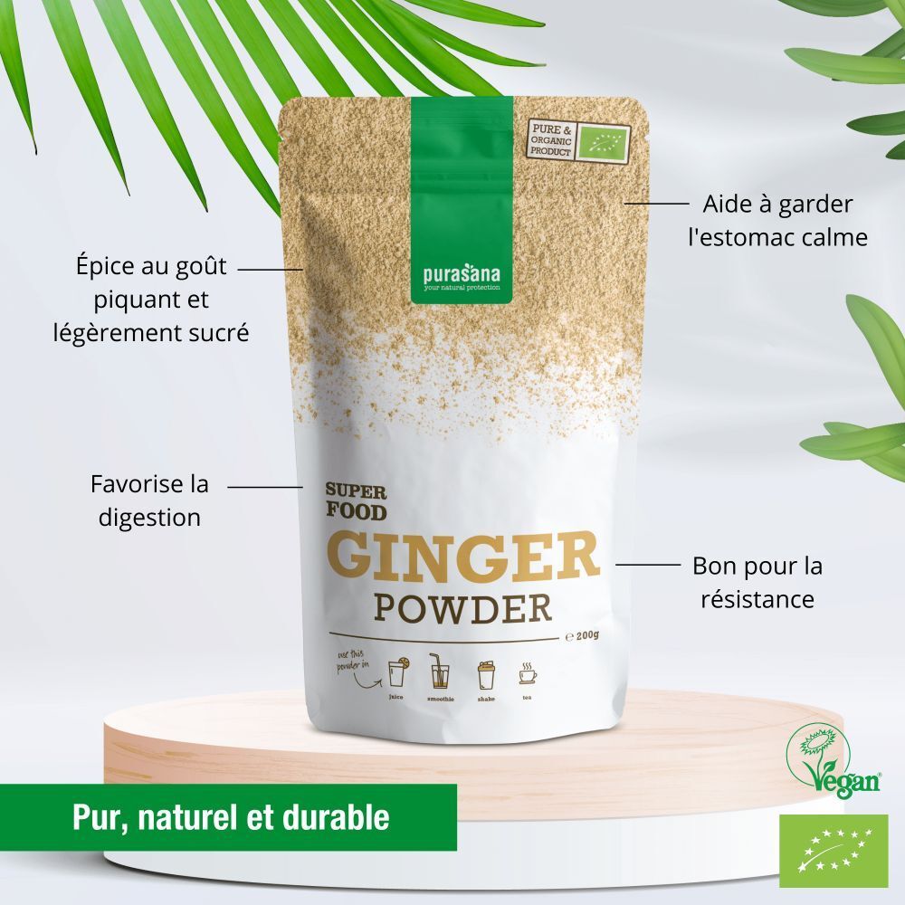 Emballage de purasana® Ingwerpulver. Texte : SUPER FOOD GINGER POWDER. Label bio. Inscription : Pur, naturel et durable.
