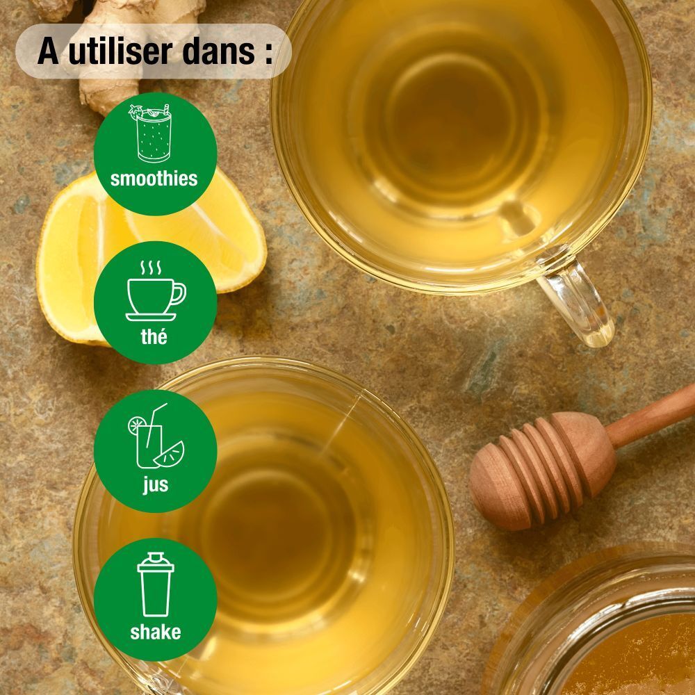 Deux tasses de thé avec citron et miel. Cercles verts avec symboles smoothie, thé, jus et shake. Texte : A utiliser dans :