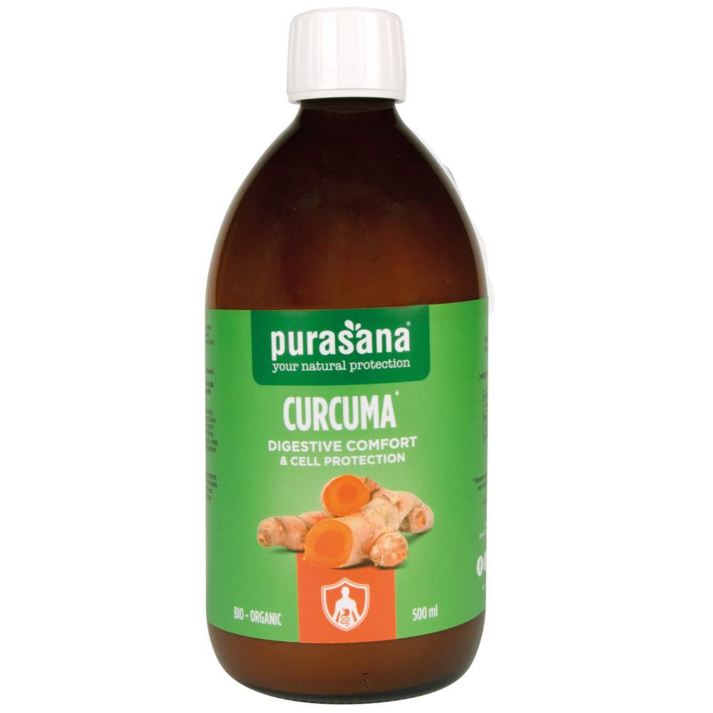 Bouteille marron avec bouchon blanc. Étiquette verte avec nom du produit et image de curcuma. Marque : Purasana.