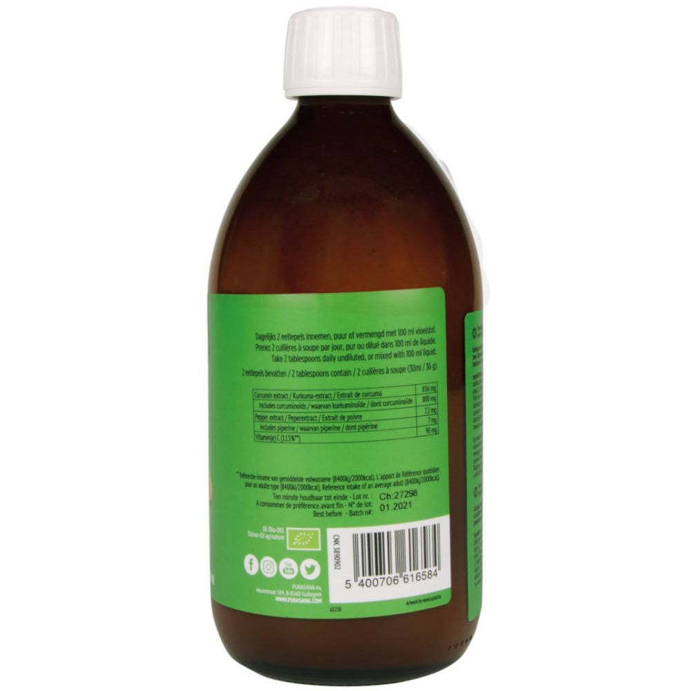 Dos de la bouteille marron. Étiquette verte avec texte et informations nutritionnelles. Bouchon blanc. Marque : Purasana.