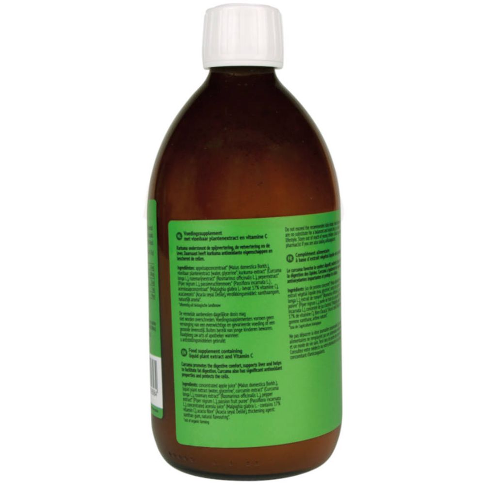 Vue arrière de la bouteille marron. Étiquette verte avec texte. Bouchon blanc. Marque : Purasana.