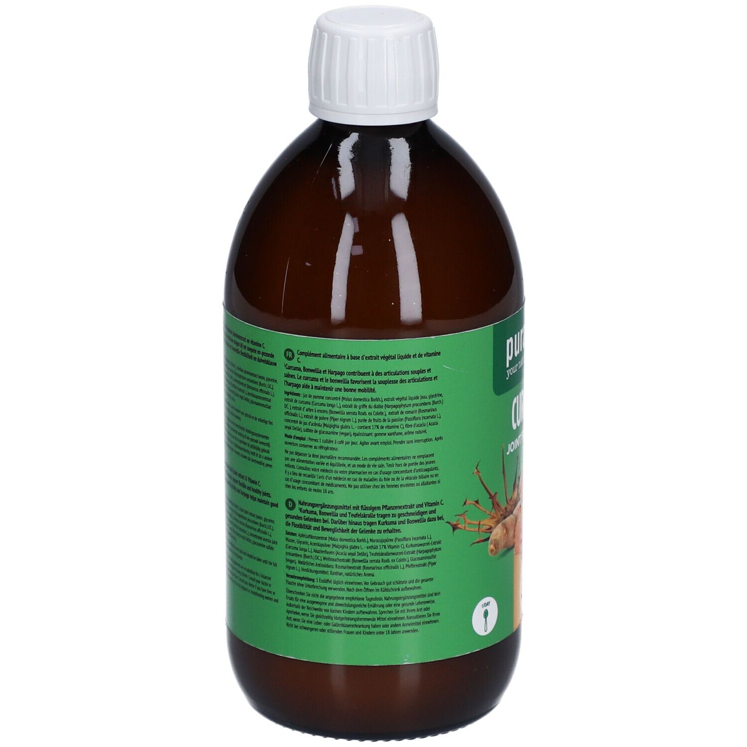 Bouteille marron avec bouchon blanc. Étiquette verte avec texte. Informations produit au dos.