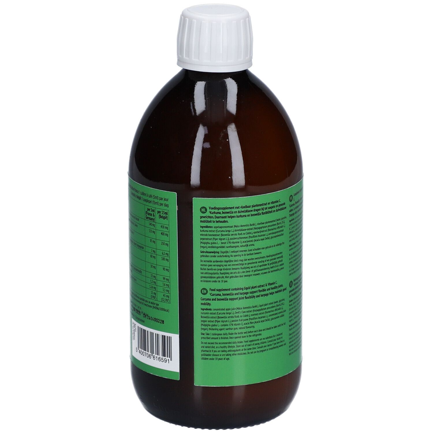 Bouteille marron avec bouchon blanc. Étiquette verte avec texte. Informations produit au dos.