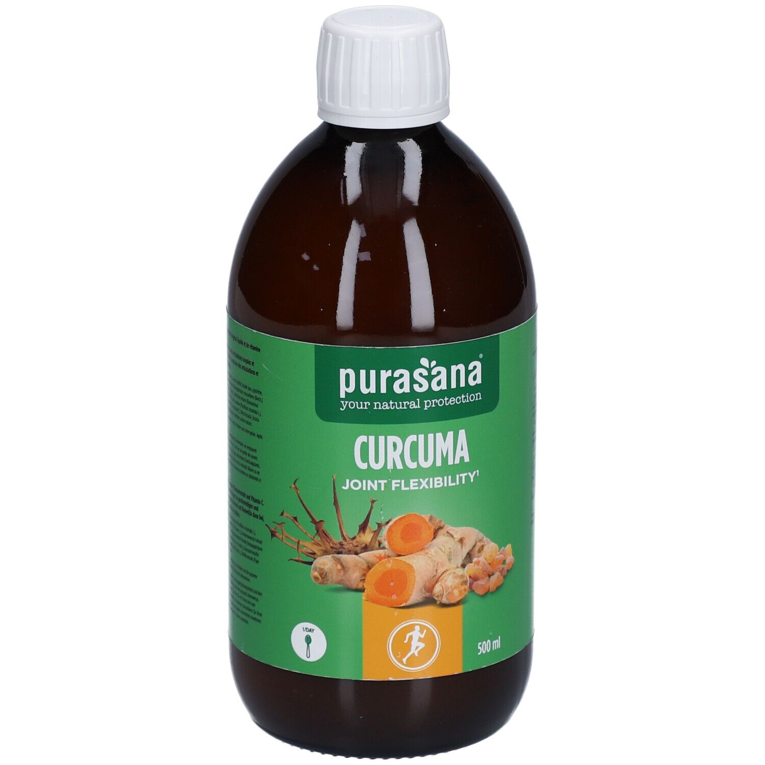 Bouteille marron avec bouchon blanc. Étiquette avec nom du produit et illustration de racines de curcuma. 500 ml.