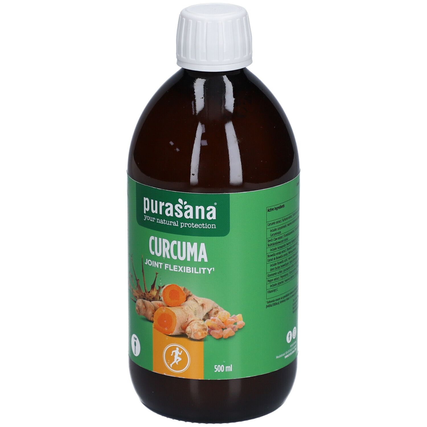 Bouteille marron avec bouchon blanc. Étiquette avec nom du produit et illustration de racines de curcuma. 500 ml.