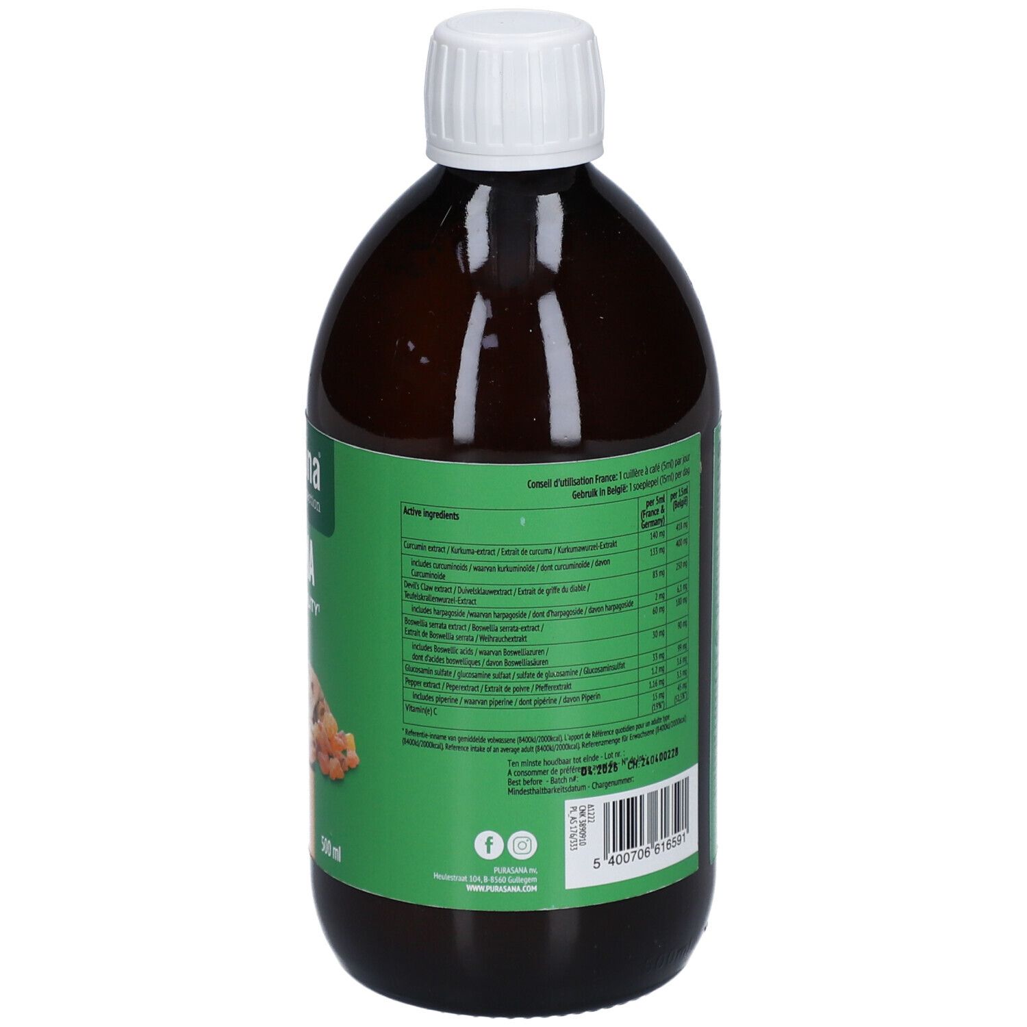 Bouteille marron avec bouchon blanc. Étiquette verte avec texte. Informations produit au dos.