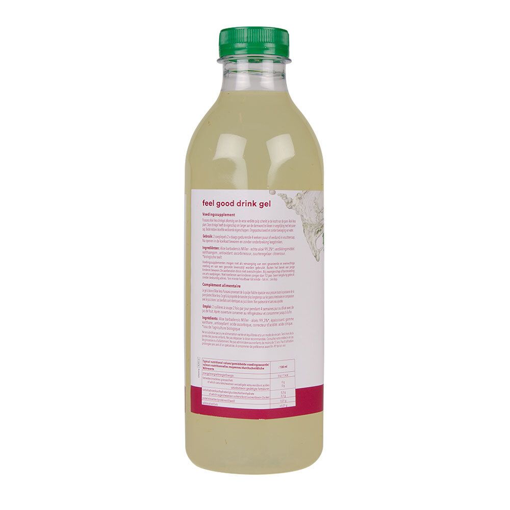 Achterkant van de fles met informatie. Tekst: feel good drink gel. Ingrediënten, voedingswaarden, gebruik.