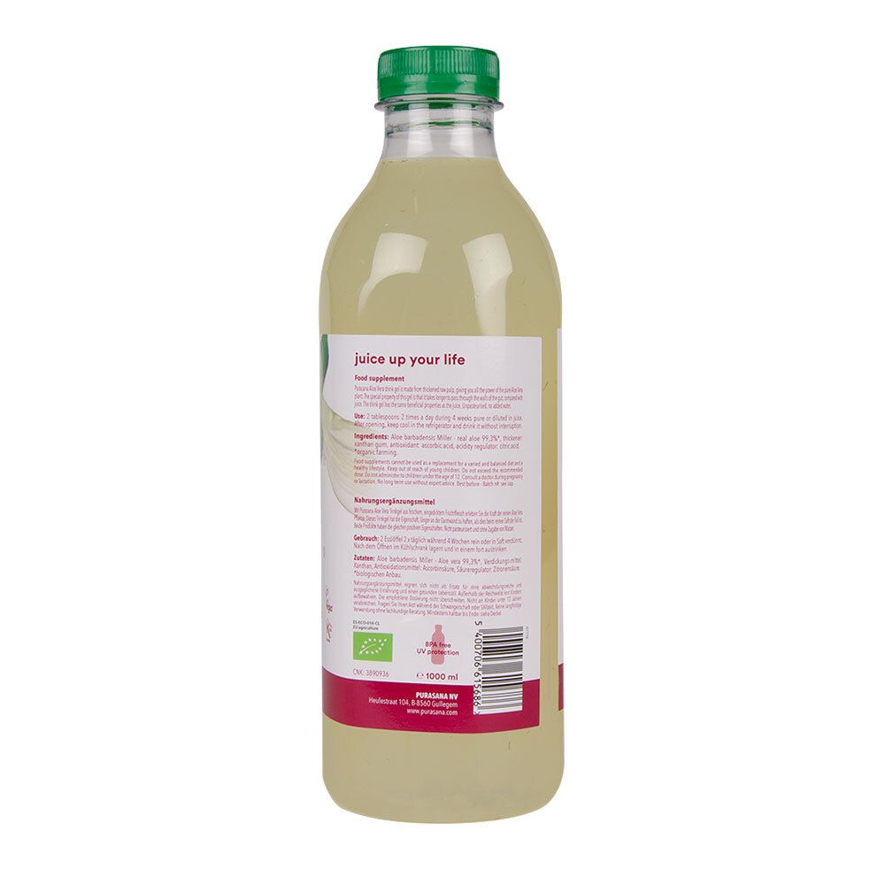 Achterkant van de fles met informatie. Tekst: juice up your life. Ingrediënten, gebruik, voedingswaarden.