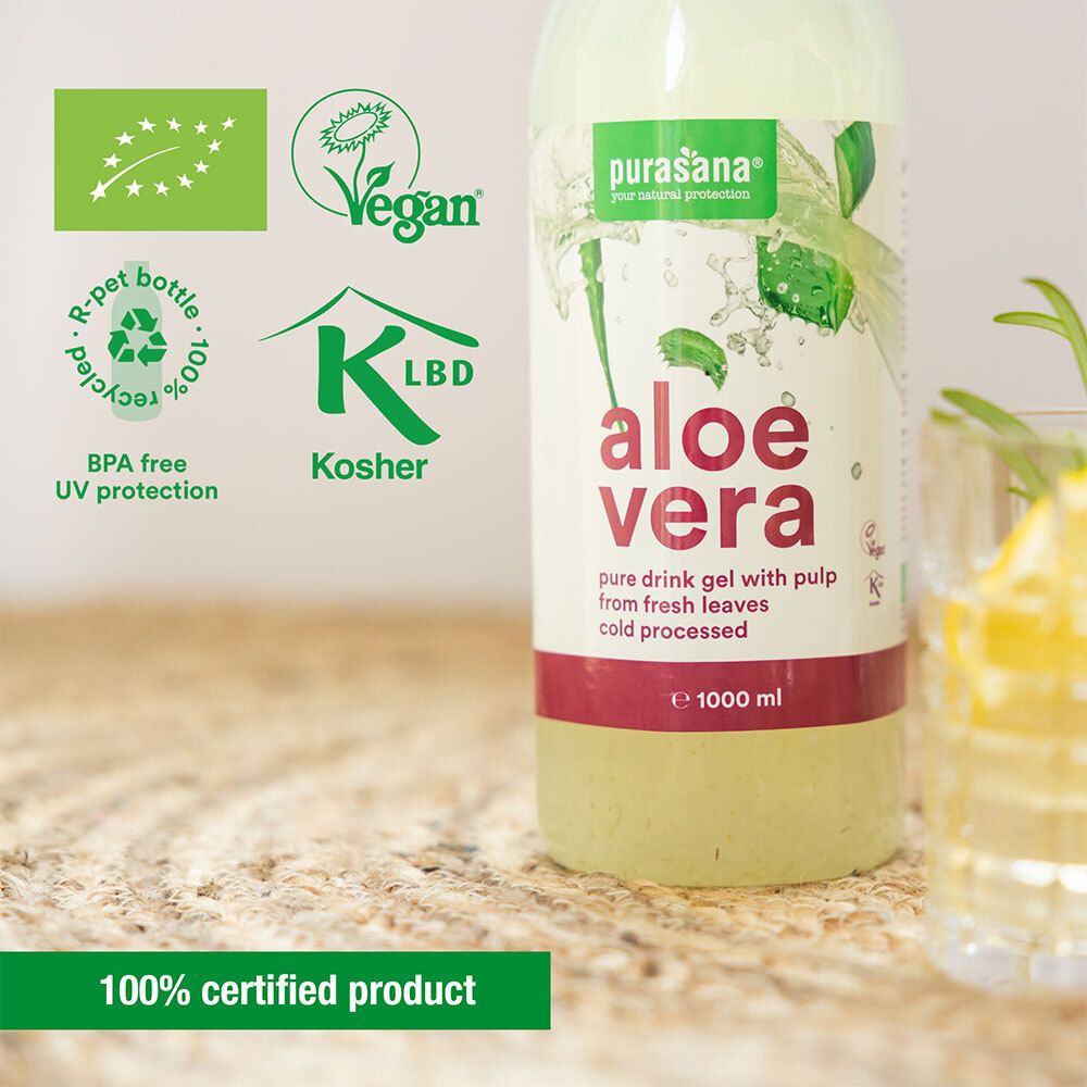 Fles aloë vera gel met logo's: Vegan, Kosher, R-pet, BPA-vrij. Tekst: 100% gecertificeerd product.