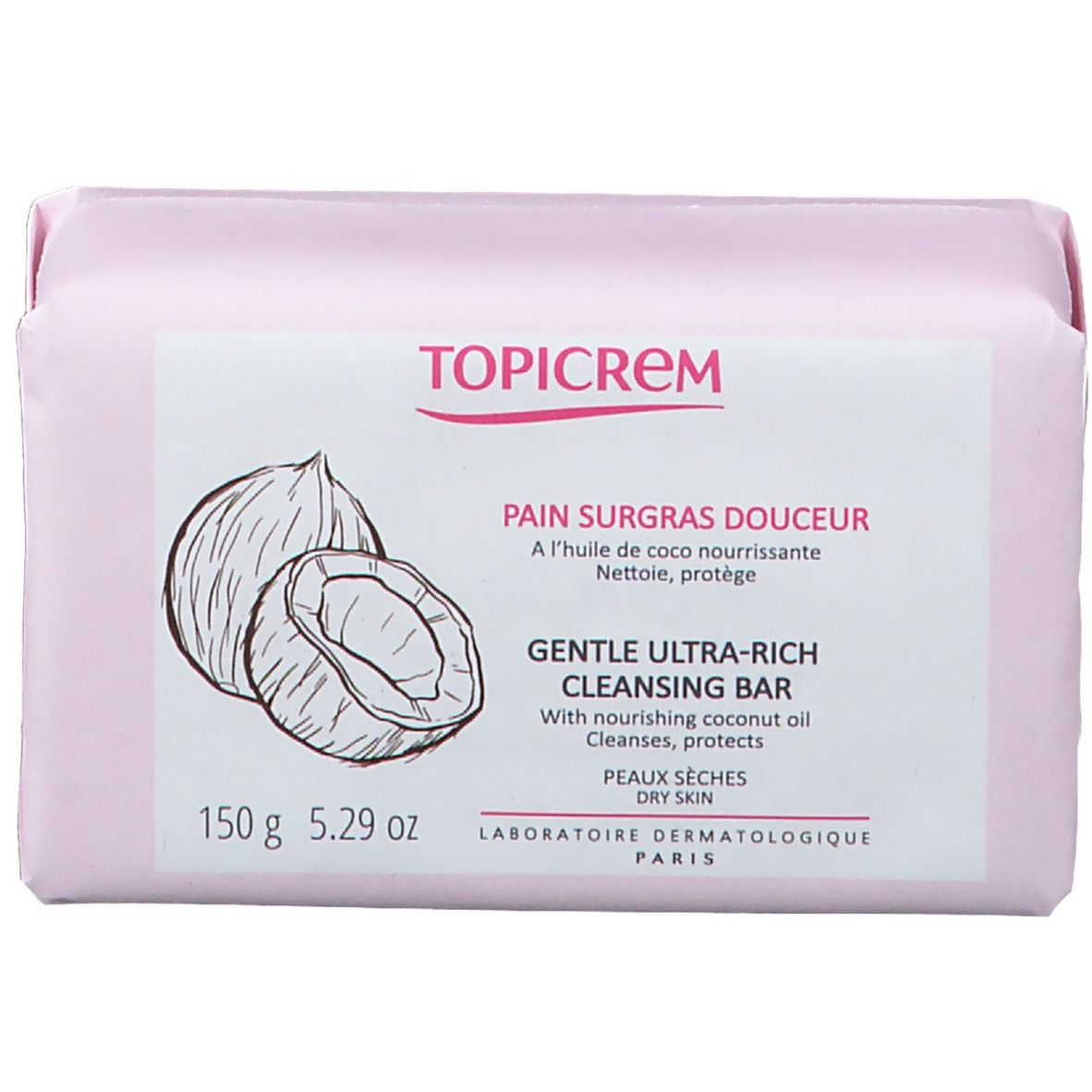Roze verpakte zeep met opdruk. Opschrift: Topicrem, kokosnoot illustratie, tekst in het Frans en Engels.