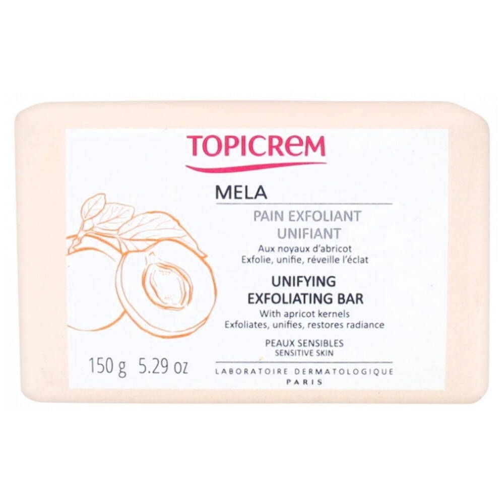 TOPICREM peelingzeep. Rechthoekige zeep met opdruk. Bevat abrikozenpitten. Tekst: "Unifying Exfoliating Bar".