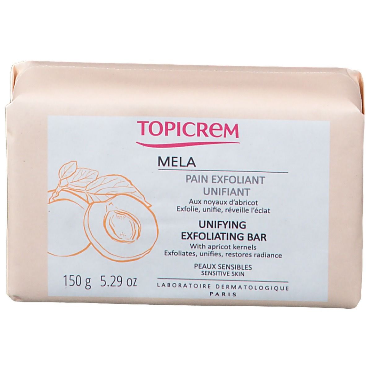 TOPICREM peelingzeep, verpakt. Rechthoekige zeep met opdruk. Bevat abrikozenpitten. Tekst: "Unifying Exfoliating Bar".