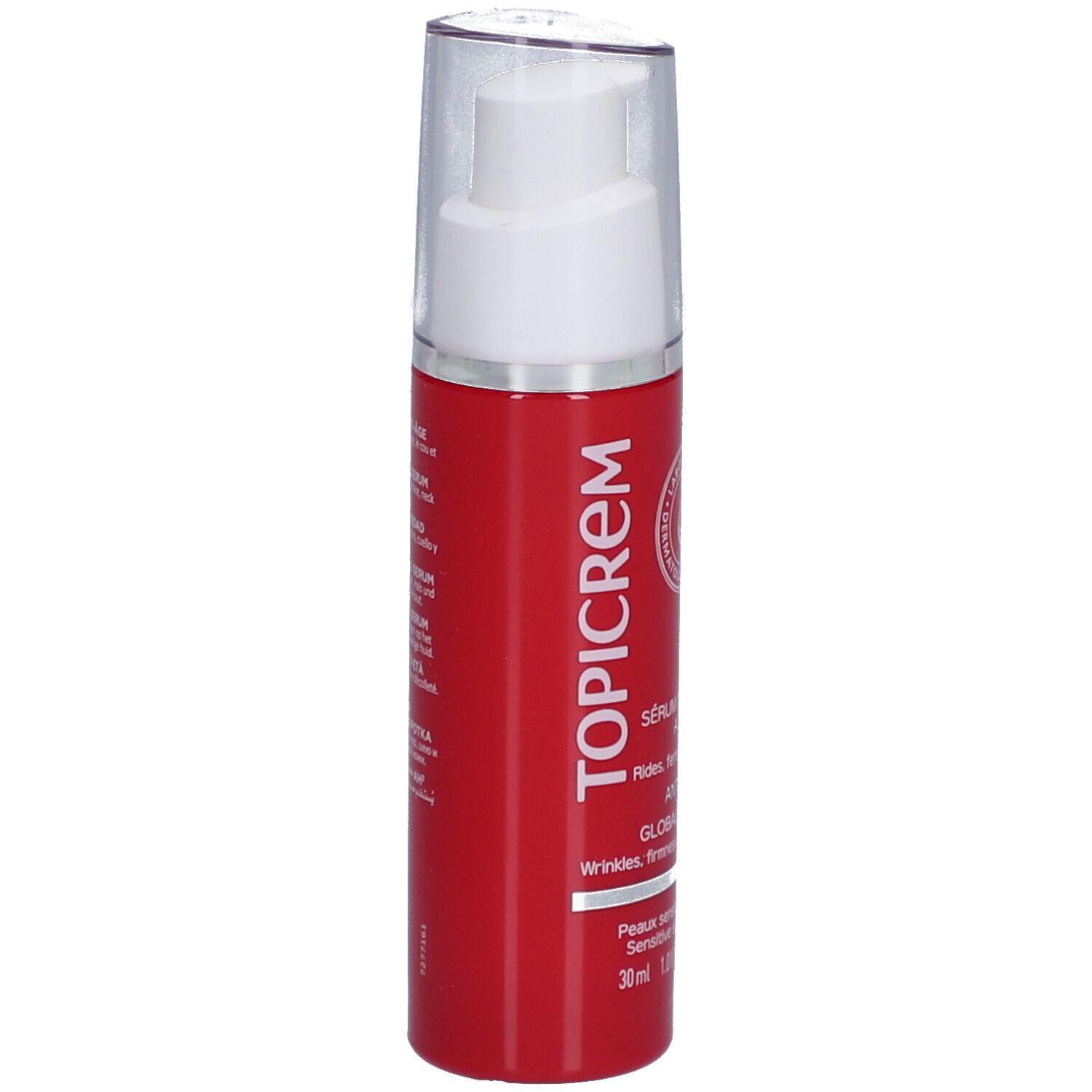 Rode fles met witte pomp. Opschrift: TOPICREM. Sérum Global Anti-Âge. Voor gevoelige huid. 30 ml.