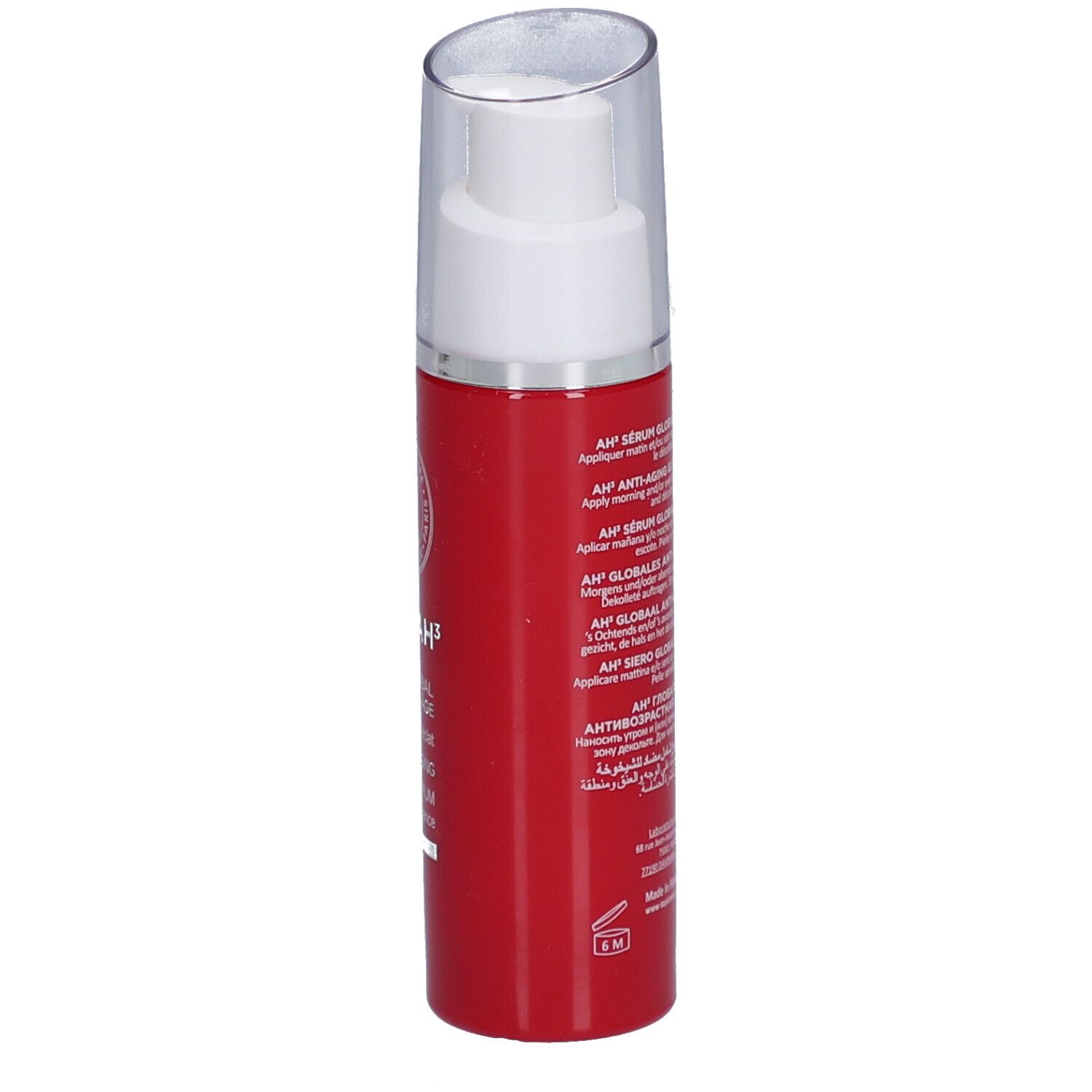 Rode fles met witte pomp. Opschrift: AH³ Sérum Global Anti-Âge. Voor gevoelige huid. 30 ml.