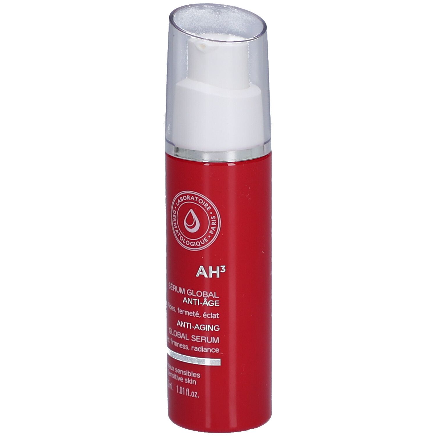 Rode fles met witte pomp. Opschrift: TOPICREM, AH³, Sérum Global Anti-Âge. Voor gevoelige huid. 30 ml.