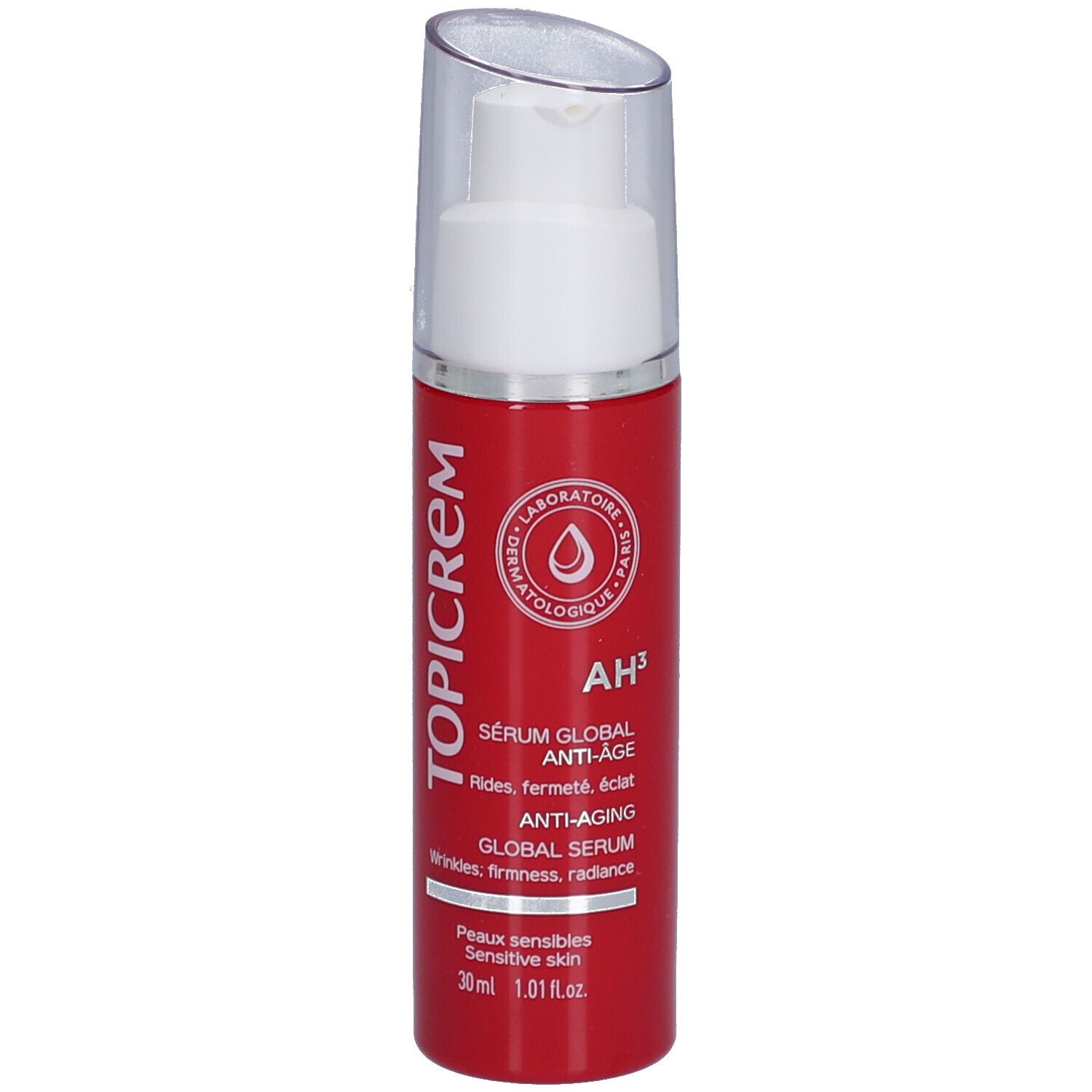 Rode fles met witte pomp. Opschrift: TOPICREM, AH³, Sérum Global Anti-Âge. Voor gevoelige huid. 30 ml.