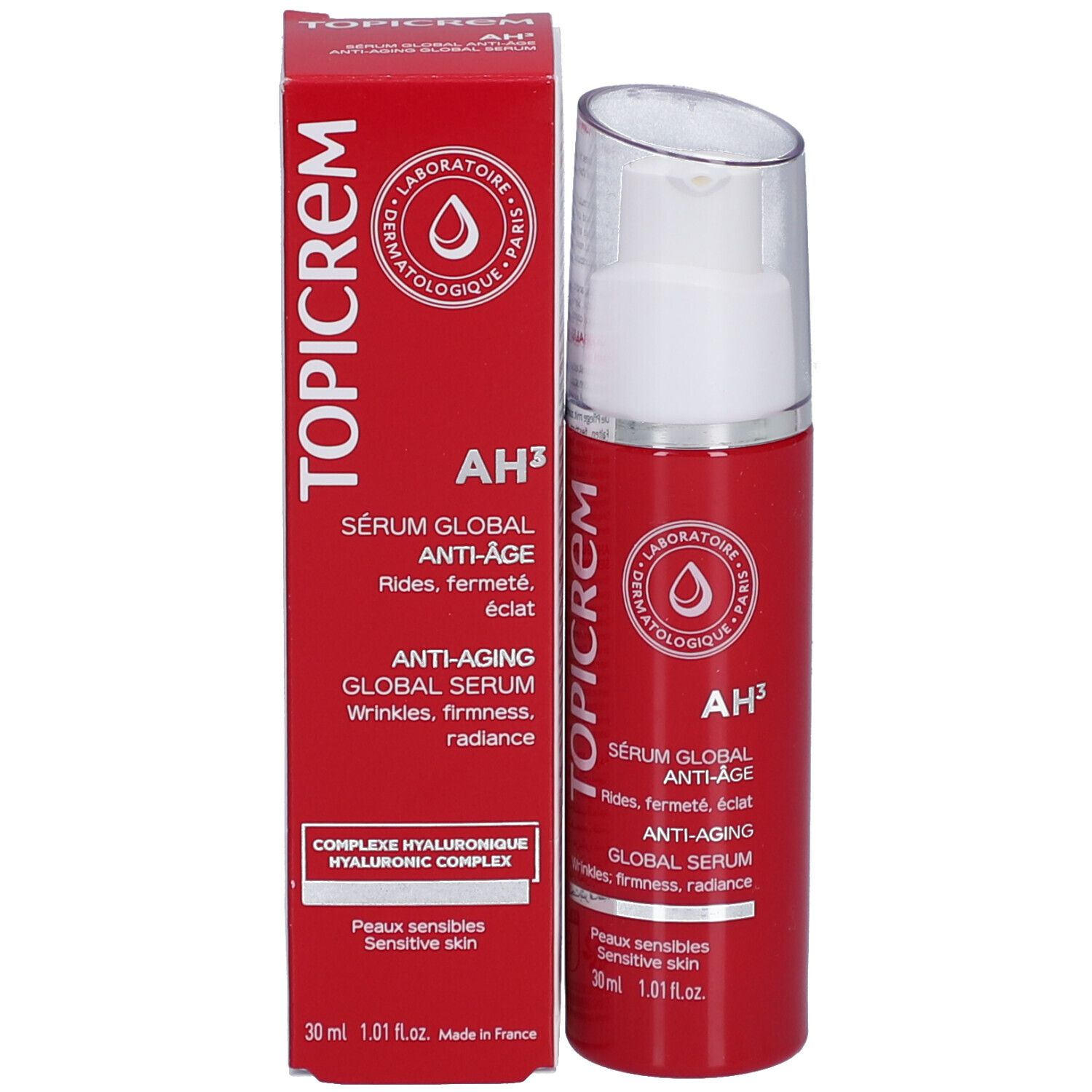 Rode doos en fles met witte pomp. Opschrift: TOPICREM, AH³, Sérum Global Anti-Âge. 30 ml.