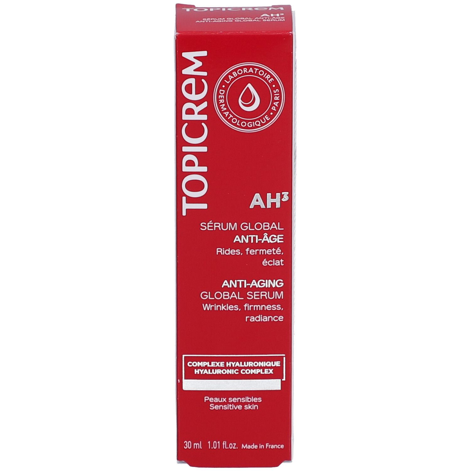 Rode doos. Opschrift: TOPICREM, AH³, Sérum Global Anti-Âge. Voor gevoelige huid. 30 ml.