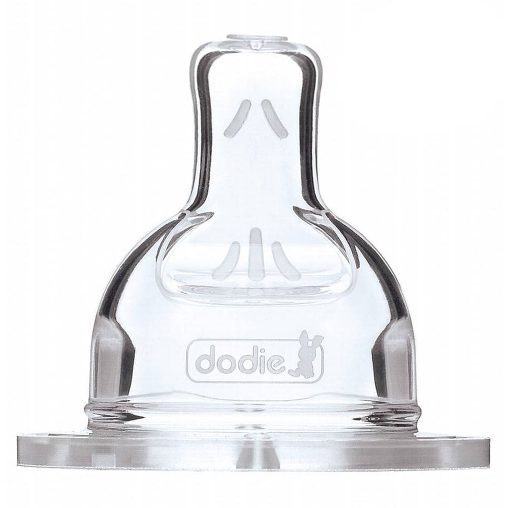 Tétine transparente avec logo Dodie. Forme anatomique, avec trous d'air. En matériau transparent.