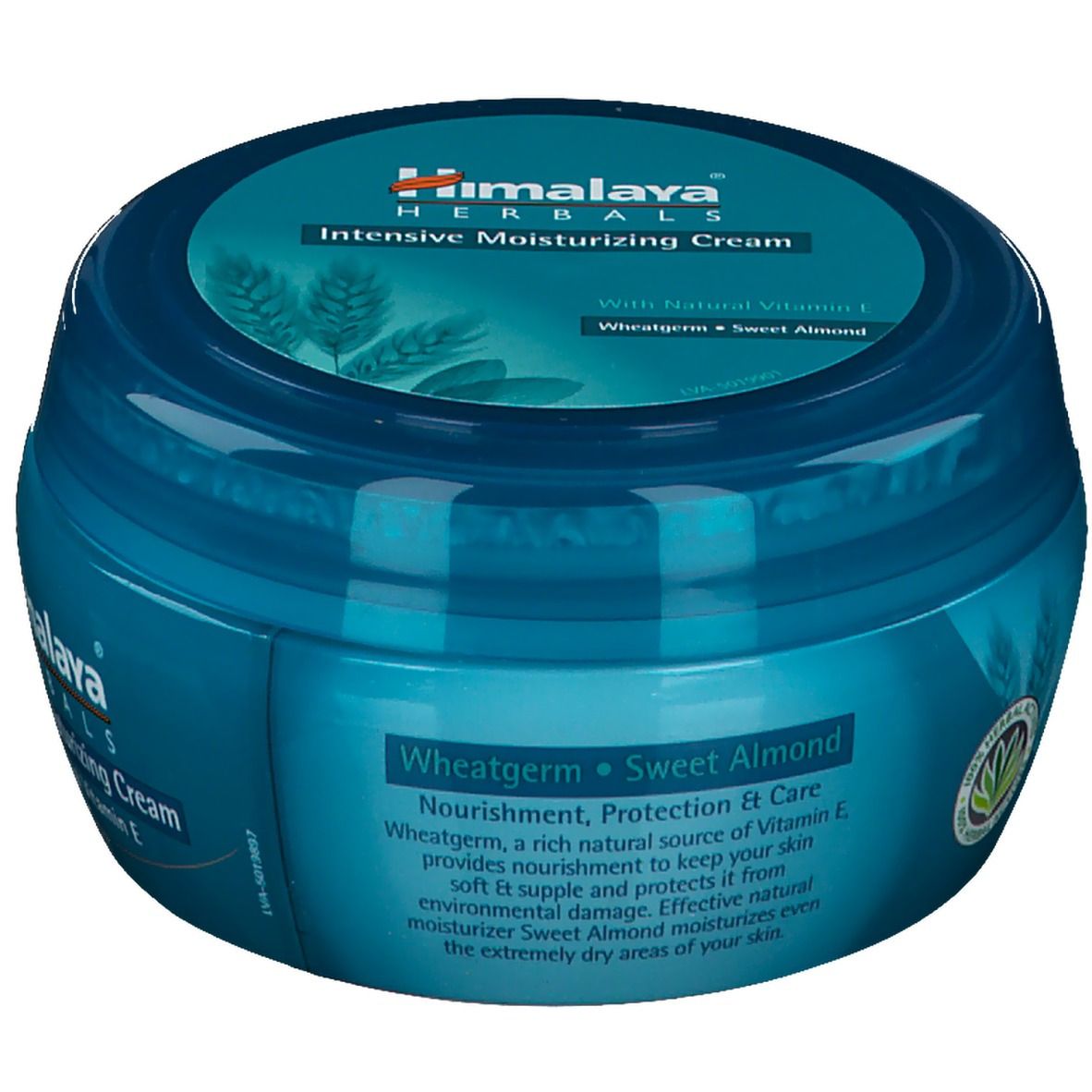 Pot bleu Himalaya® Intensiv feuchtigkeitsspendende Creme. Inscription: Wheatgerm, Sweet Almond, Vitamine E. Avec herbes.