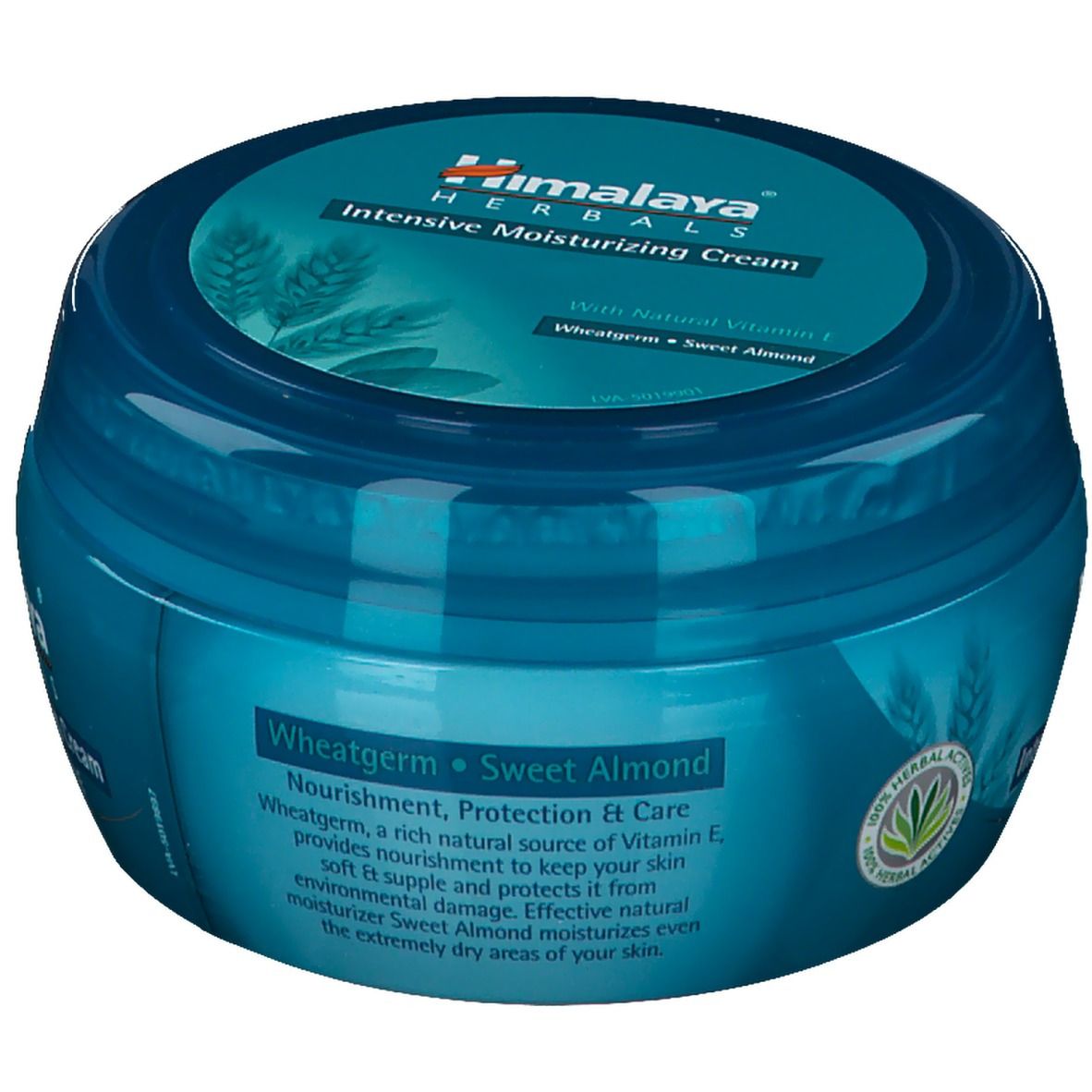 Pot bleu Himalaya® Intensiv feuchtigkeitsspendende Creme. Inscription: Wheatgerm, Sweet Almond, Vitamine E. Avec herbes.
